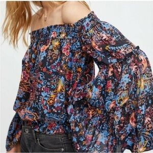 Free People Free Spirited Off The Shoulder Bell Sleeve Boho Floral Blouse Size M